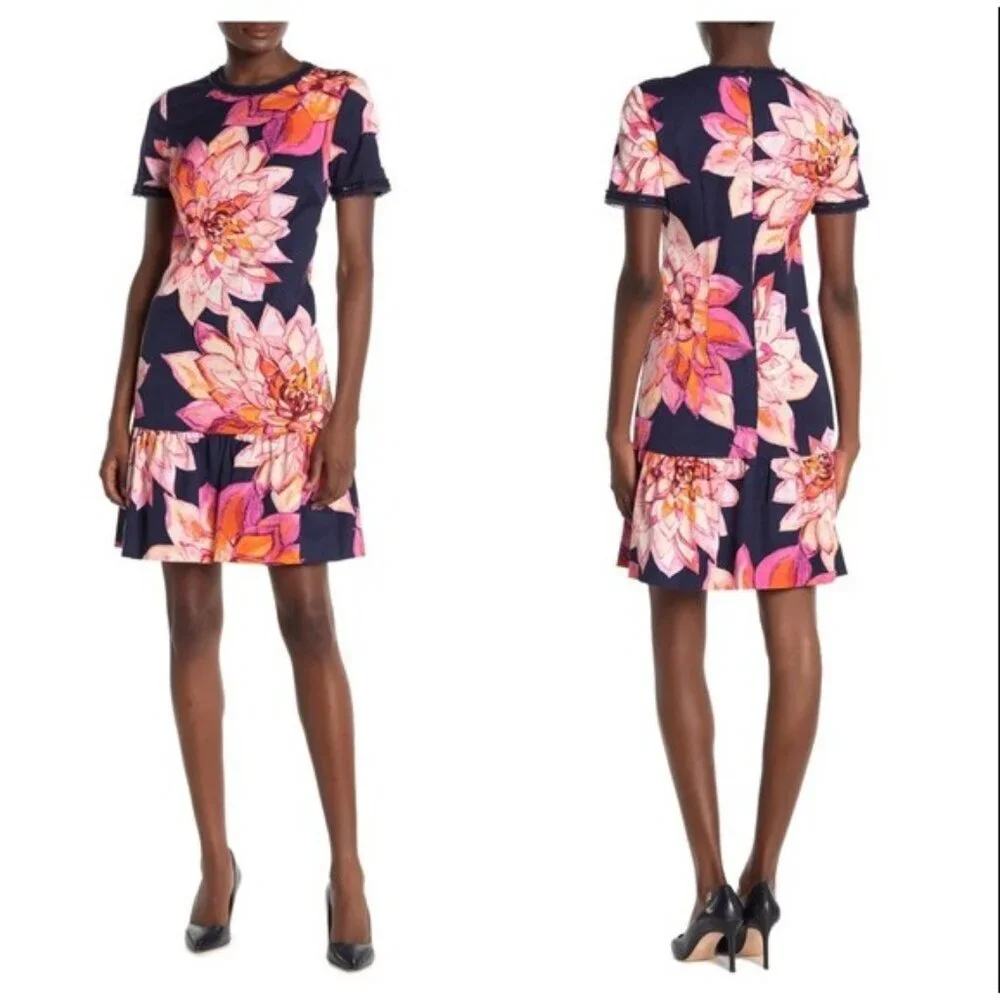 Trina Turk Dress Womens 10 Blue Floral Drop Waist Resort Embellished - Picture 2 of 13